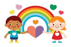 Smiling Boy and Girl Holding Heart, Rainbow, Cartoon Kids Design on White vector