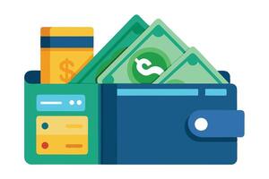 Blue Wallet with Green Money and Yellow Card on White Background, Financial Concept vector