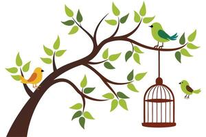 Cartoon Birds on Tree Branch with Birdcage Against White Background vector