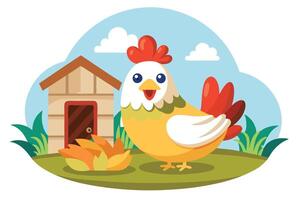 Chicken Cartoon Character with Farmhouse, Yard, Sky, and Clouds vector