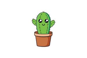 Cute Cartoon Cactus in Pot with Big Eyes and Smile on White Background vector