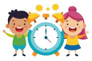 Joyful Kids with Cartoon Clock on White Background Design vector