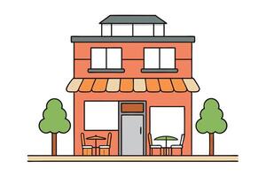 Colorful Two Story Building Facade with Awning, Tables, Chairs on White Background vector