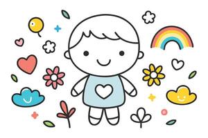 Cute Cartoon Boy Character with Flowers Clouds and Rainbows on White Background vector