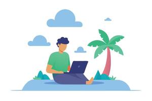 Cartoon Man Working on Laptop Under Palm Tree with Clouds on White Background vector