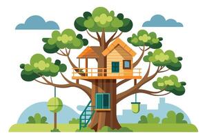 Whimsical Treehouse With Ladder, Green Swing and Colorful Plants, Clouds vector