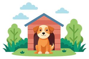 Cute Puppy Sitting in Doghouse with Tree and Clouds Flat vector