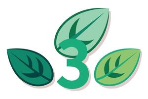 Number Three with Green Leaves Arrangement, Flat Design on White Background vector