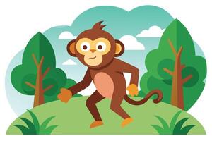 Cheerful Monkey Cartoon on a Green Grass Field with Trees vector