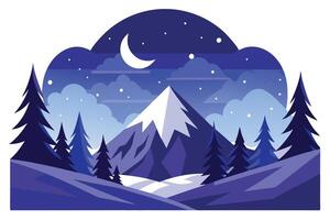 Snowy Mountain Peaks Landscape at Night with Trees and Moon in Flat Design vector