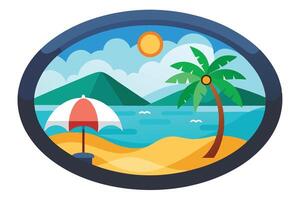 Summer Beach with Palm, Umbrella in Oval Frame, Ocean, Mountains, Sun vector
