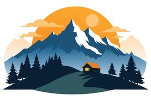 Mountain Scenery with Cabin, Pine Trees, Clouds and Sunset in Flat Style vector