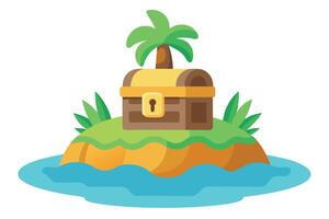 Treasure Chest with Palm Tree on a Sandy Island in Cartoon Style with Water vector