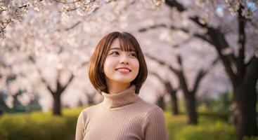 Asian woman in a park with cherry blossoms photo