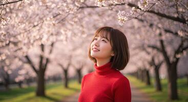 Asian woman in red top looking up at cherry blossoms photo