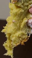 A piece of cake with raisins on the table served for tea. Close-up pie texture. video