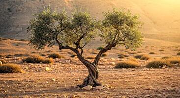 An olive tree in the desert with the sun setting photo