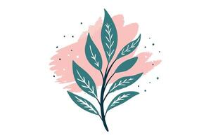 Foliage Branch with Teal Leaves and Pink Brushstroke on White Backdrop Stylish Design vector