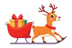 Cute Cartoon Reindeer with Red Nose Pulling Sleigh of Gifts on White Background vector