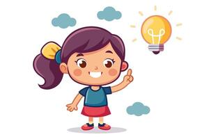 Cartoon Girl Pointing Upward at Light Bulb with Cloud on a White Background vector