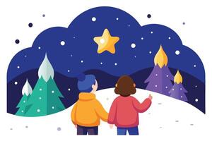 Cartoon Couple Holds Hands, View of Starry Night Sky with Trees on White Background vector
