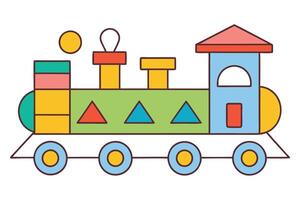 Playful Train Colorful Blocks, Wheels, Triangles Cartoon Style on White Background vector