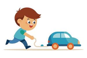 Excited Boy Pulling Classic Blue Toy Car with String on White Background vector