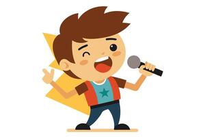 Cheerful Cartoon Boy Singing with Microphone on White Background vector