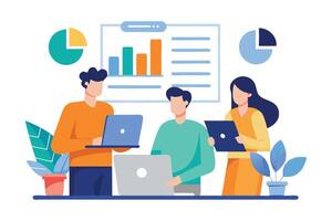 Team Collaboration Three People Working with Laptops and Chart, Flat Art vector