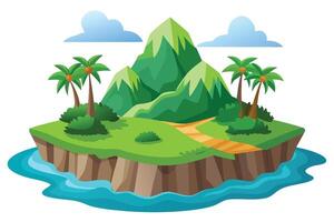 Isometric Island with Green Mountain, Palm Trees and Blue Sea Scape on White vector