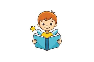 Cartoon Boy Reading Book With Wings and Star Accent on a White Background vector