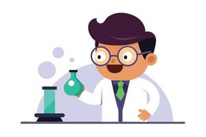 Cartoon Young Scientist with Glasses Holding Erlenmeyer Flask Isolated on White vector