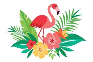 Flamingo Amidst Tropical Foliage with Pink Red Flowers on White Background vector