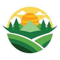 Flat Green Landscape with Mountains, Trees, Fields, Orange Sun, Clouds on White vector