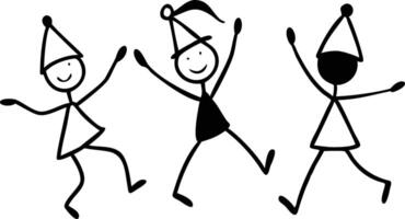 Cheerful Stick Figures Dancing with Party Hats Isolated on White Background vector