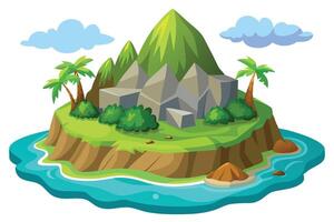 Island Paradise Lush Mountain, Palm Trees, Turquoise Water, and Cartoon Clouds vector