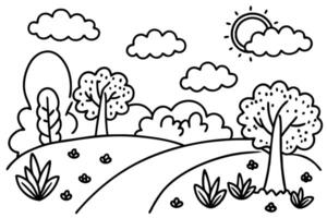 Outline Meadow Landscape with Trees, Bushes, Sun, and Clouds on White Background vector