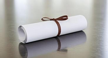A rolled up piece of paper with a brown ribbon photo