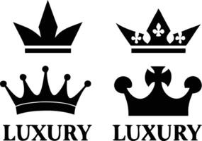 Elegant Royal Crown Set, Luxury Style, Black Silhouette, Emblems on White Background vector
