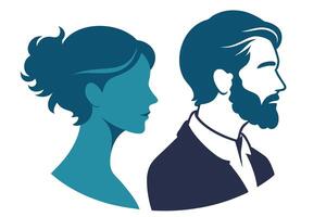 Man and Woman Profile in Blue Tones Illustration, Portrait vector