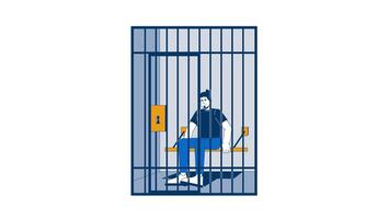 Arrested suspect man sitting in jail cell behind bars 2D character animation. Prison inmate, incarceration, detention. Prisoner bench animated person cartoon 4K isolated on white transparent video