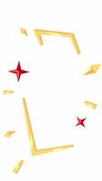 Radiant gold angular frame with dynamic red sparkle stars 2D vertical animation. Festive, upscale opulent golden shards border animated flat colorful border cartoon 4K isolated on white video