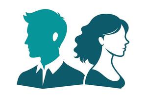 Teal Silhouette of Man and Woman Profile Faces on a White Background. Minimalist Style vector