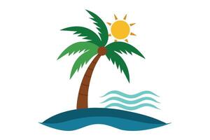 Beach Island Palm Tree, Sunny Sky, Ocean Waves on White Background vector