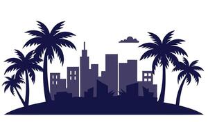 Tropical Cityscape Silhouette with Palm Trees and White Background vector