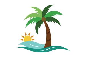 Flat Design Palm Tree by Sea with Bright Sun on White Background vector
