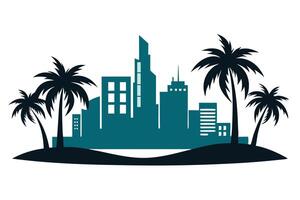 Teal Skyline Silhouette with Palm Trees and a White Background, Building and Vacation vector