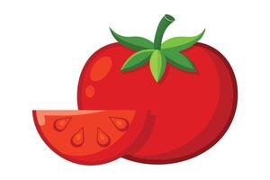 Fresh Red Tomato Vegetable with Green Stem and a Slice on White Background vector
