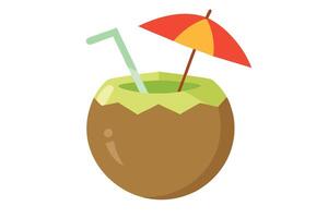 Cartoon Coconut Drink with Umbrella and Straw on White Background Design vector