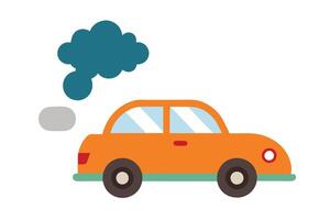 Isolated Orange Sedan with Pollution Clouds in Cartoon Style on White Background vector